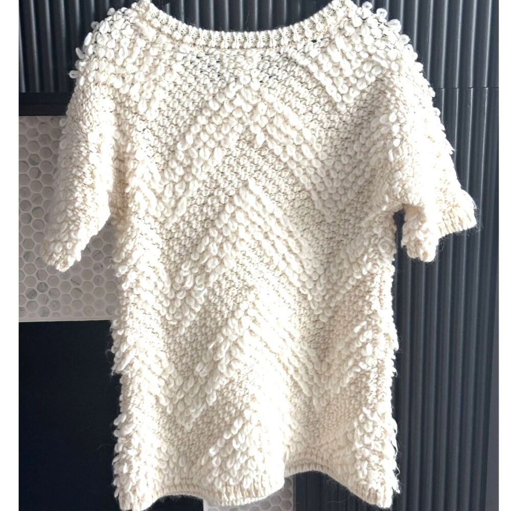 Lou & Grey Cream Textured Popcorn Chevron Knit Short Sleeve Sweater Size Medium - Picture 6 of 7